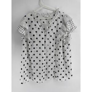Perch by Blu Pepper Polka Dot Ruffle Flutter Sleeve Blouse White Black 2X